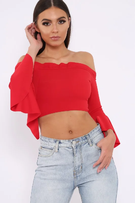 Red Bardot Frill Crop Top with Flared Sleeves - Tiffy