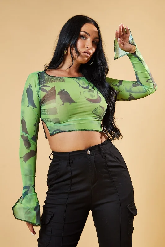 Green Abstract Print Mesh Cropped Top - Cucu