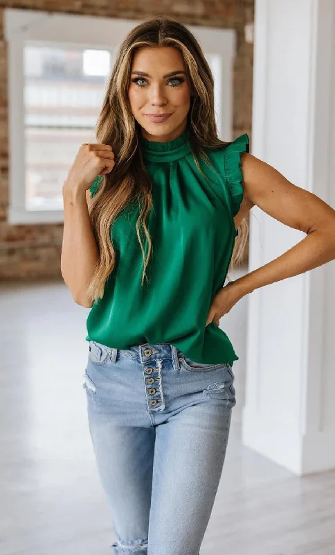 Emerald Mock Neck Frilly Ruffle Top