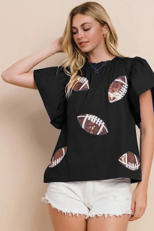 Plus Football Sequin Patch Solid Poplin Blouse