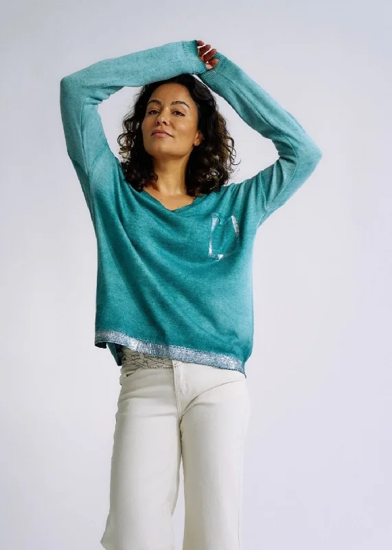 Italian Stonewashed V Neck Knit with Shimmer Pocket in Emerald Green