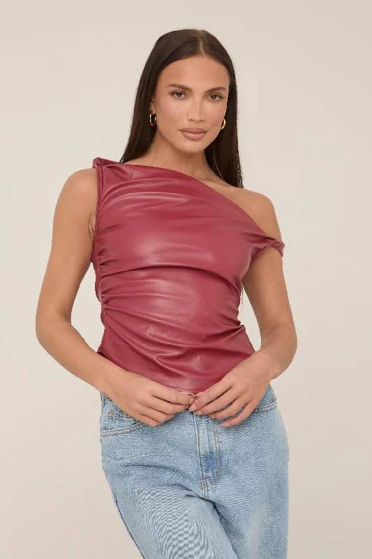 Wine One Shoulder Faux Leather Top - Larissa