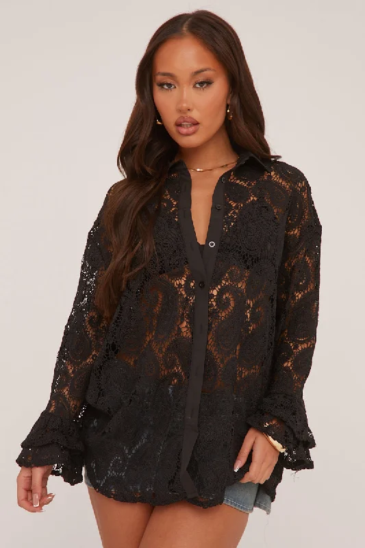 Black Lace Button Up Frill Sleeve Shirt - Lynn