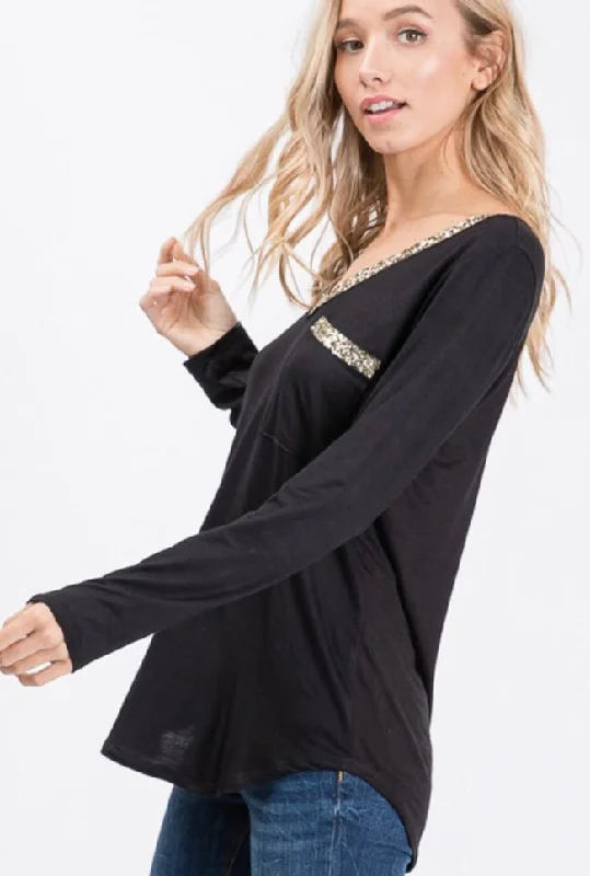 Black Long Sleeve V Neck with Sequin Detail