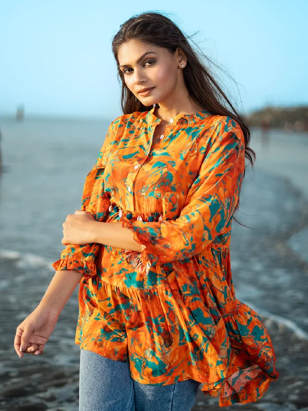 Orange Color Natural Crepe Asymmetrical Top with Abstract Print & Shells