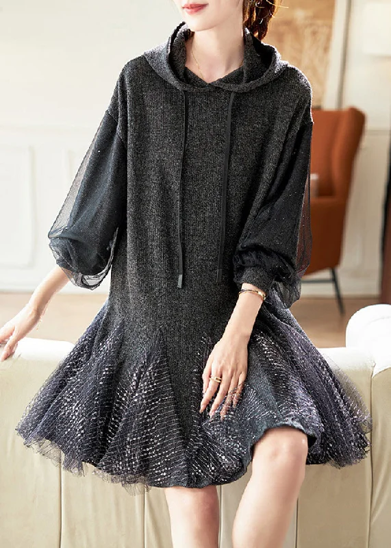 Crazy Savings Stylish Dark Grey Hooded Tulle Patchwork Knit Dresses Spring