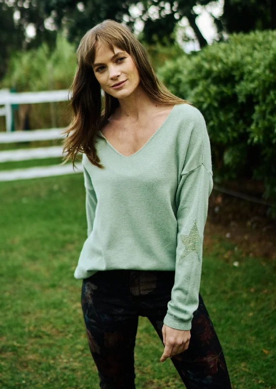 Italian V Neck Jumper with Stars on Elbows In Mint