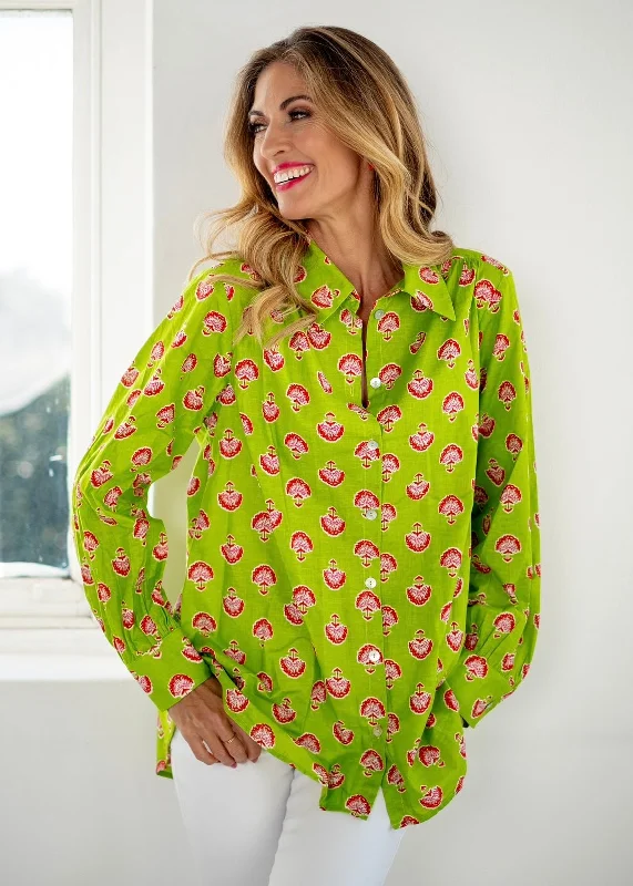 Button Down Blouse In Lime And Red