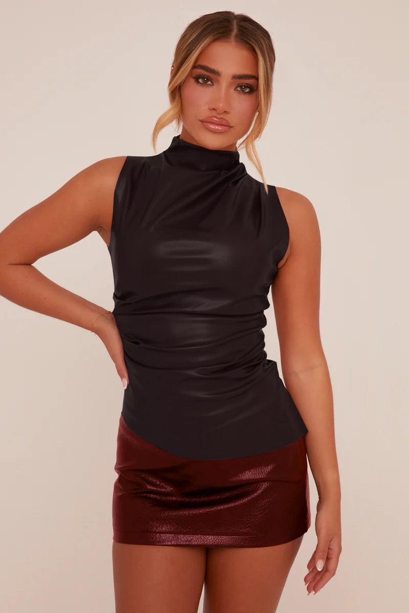 Black Faux Leather Ruched Top - Danica