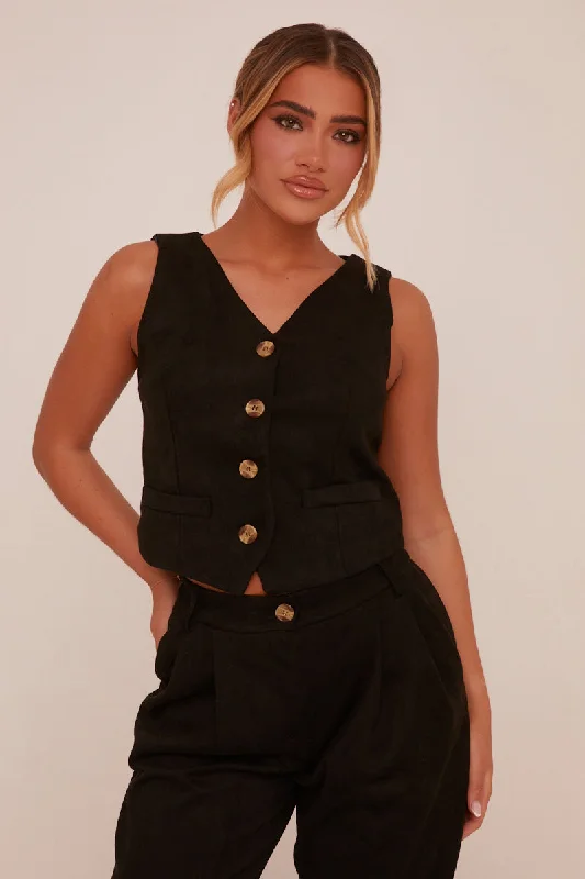 Black Button Up Front Waistcoat - Dinara