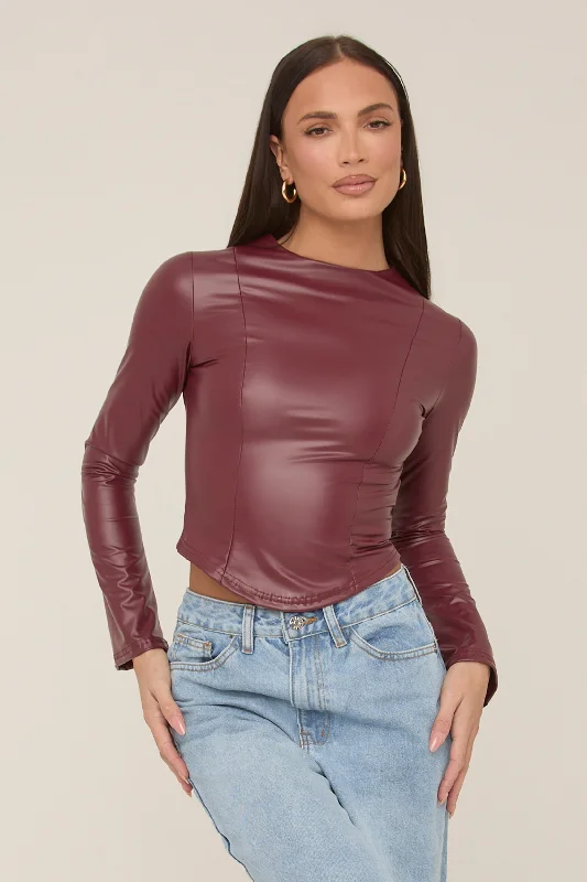 Wine Faux Leather Long Sleeve Top - Storm