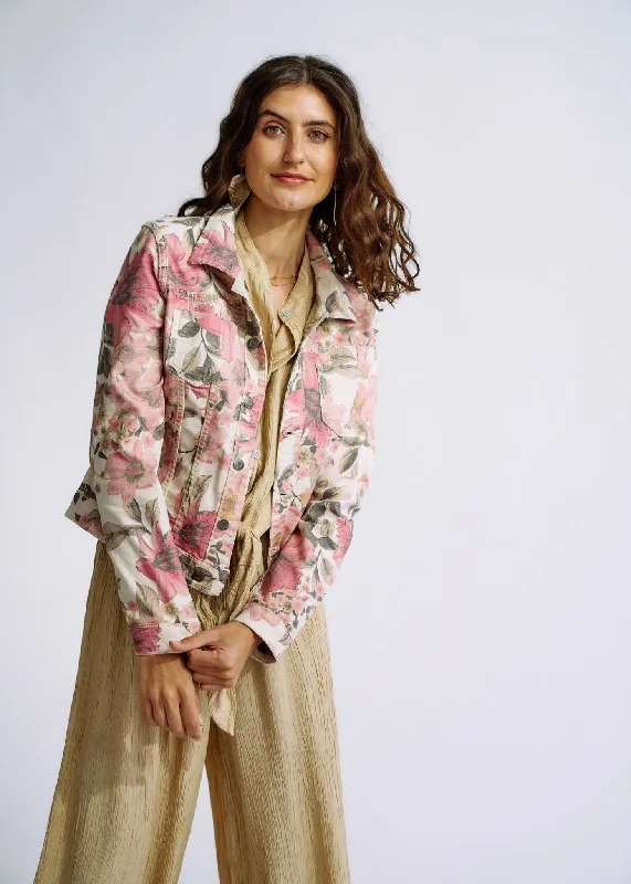 Reversible Denim Jacket with Summer Floral Print in Beige