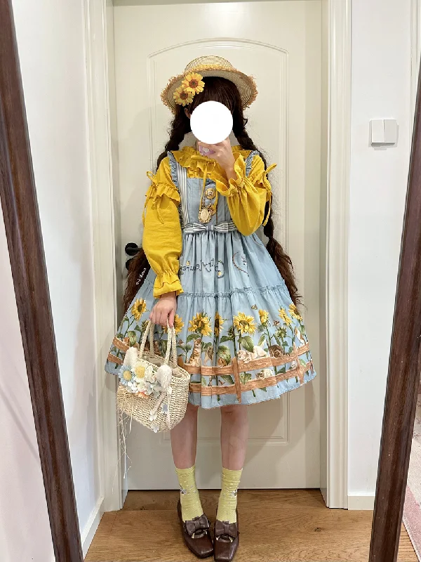 Polaris Lolita~Cat and Sunflower~Sweet Lolita JSK Cat and Sunflower Print Dress and Headdress Set