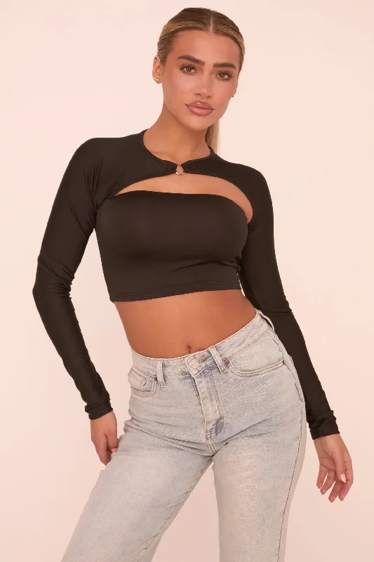 Black Cut Out Long Sleeves Cropped Top - Fayha