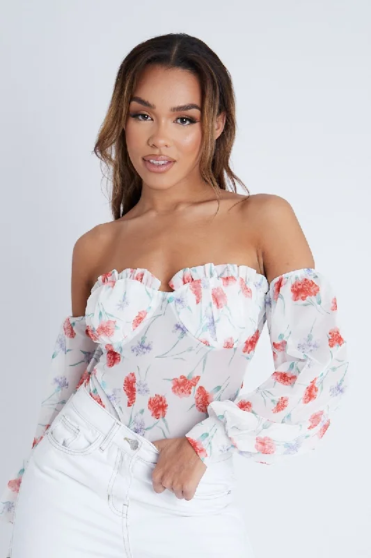 Lilac Floral Bardot Off The Shoulder Mesh Bodysuit - Hayle