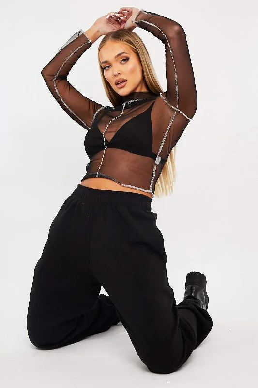 Black Mesh Contrast Stitch Long Sleeve Crop Top - Evie