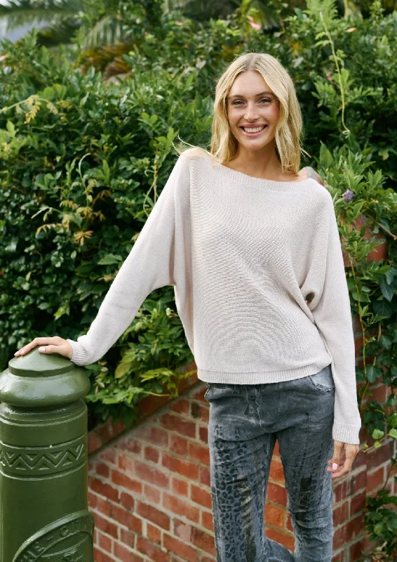 Italian Stonewashed Boatneck Knit with Zip Back In Cream