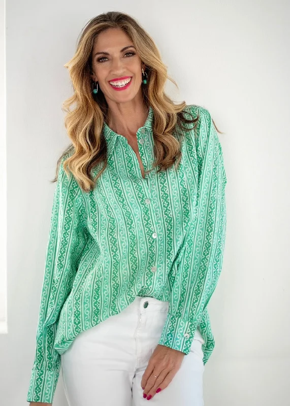 Button Down Blouse In Jade And Forest Green