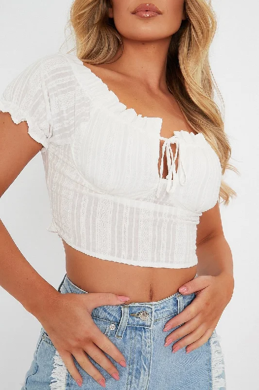 White Tie Front Short Sleeve Crop Top - Denni