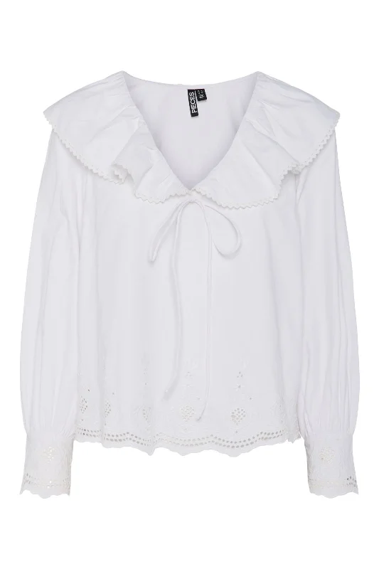 Pieces - Pcannabelle Ls V-Neck Frill Top - 4722958 Bright White Bright White Embroidery