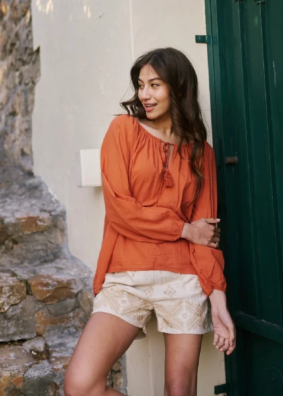 Italian Stonewashed Peasant Blouse in Rust