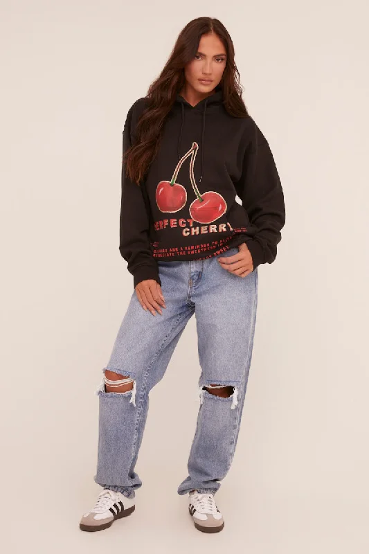 Black Cherry Print Oversized Hoodie - Molly