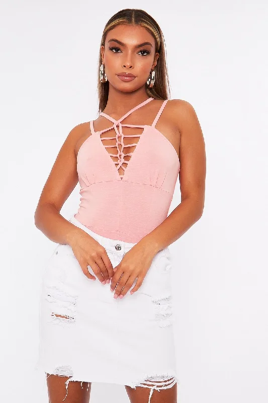 Pink Lace Up Front Bodysuit - Gea