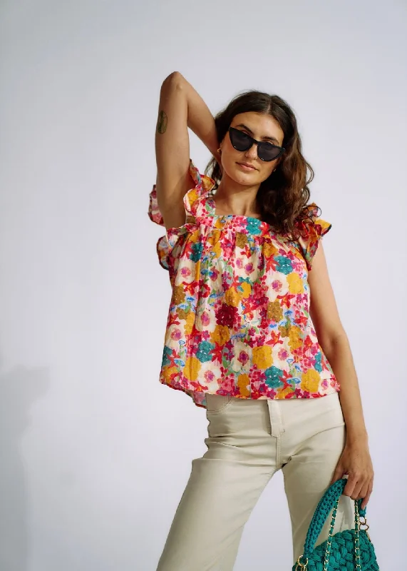 Cotton Frill Sleeved Blouse in Bright Summer Floral