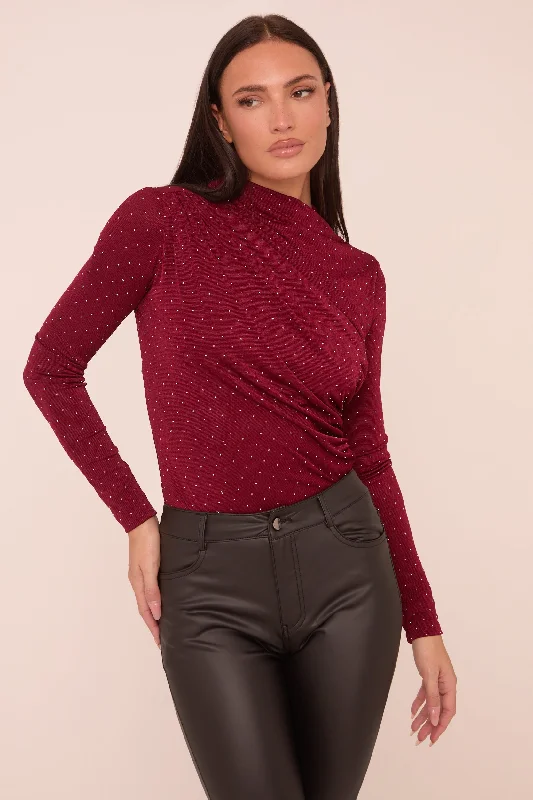 Burgundy Ruching Detail Long Sleeves Bodysuit - Quinn