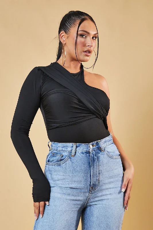 Black One Sleeve Twist Front Bodysuit - Wren