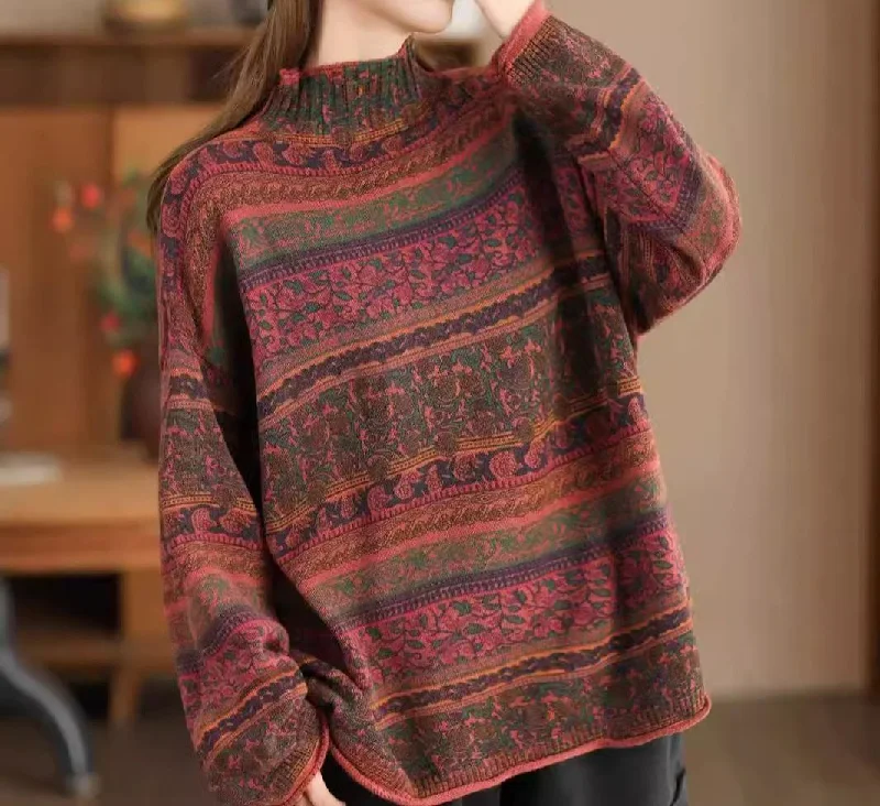 Vintage Floral Patterned Mock Neck Knit Sweater for Women