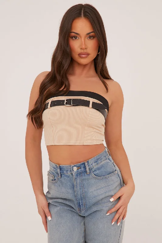 Stone Rib Knit Belt Detail Bandeau Cropped Top - Dela