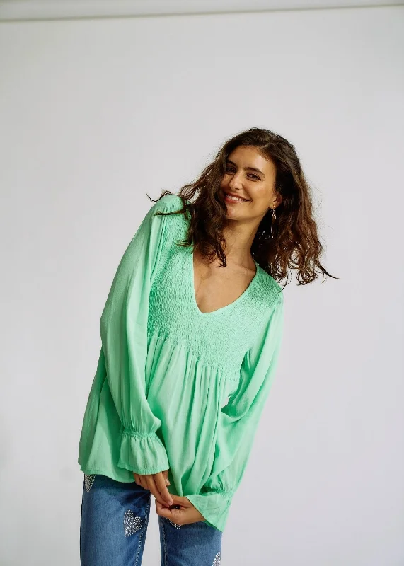 Italian Smock V Neck Blouse in Green