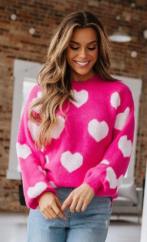 Hot Pink Fuzzy Knit Heart Sweater