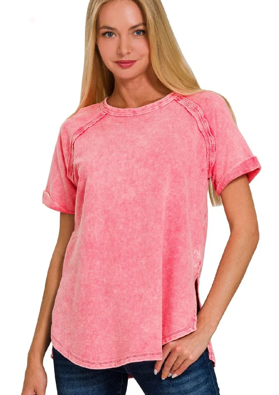 Acid Wash Cuff Sleeve Tee Fuchsia