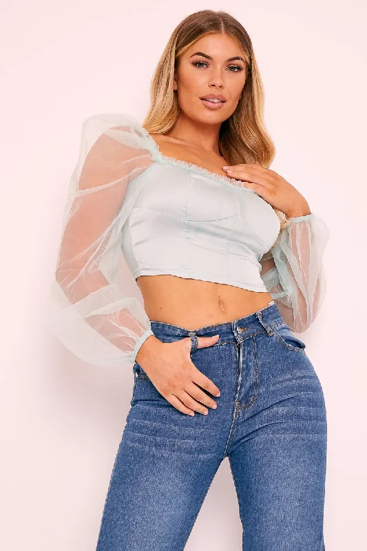 Sage Satin Mesh Sleeve Ruched Detail Crop Top - Rya