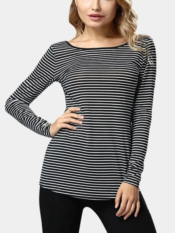 Custom Round Neck Stripe Long Sleeve Fashion Tee