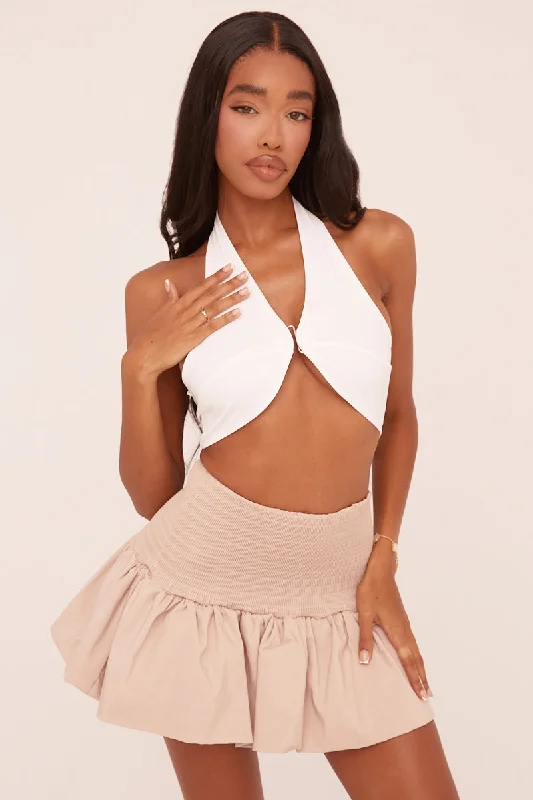 White Halter Neck Metal Detail Cropped Top - Laveeza