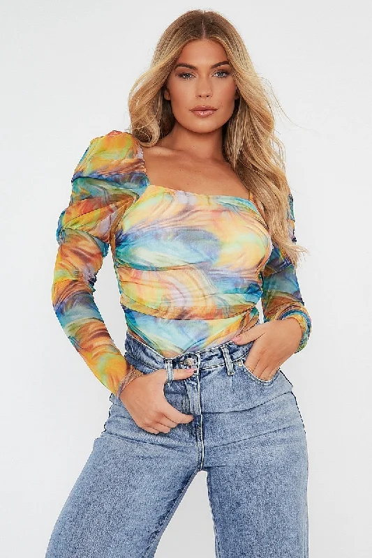 Multi Rainbow Puff Sleeve Bodysuit - Deana