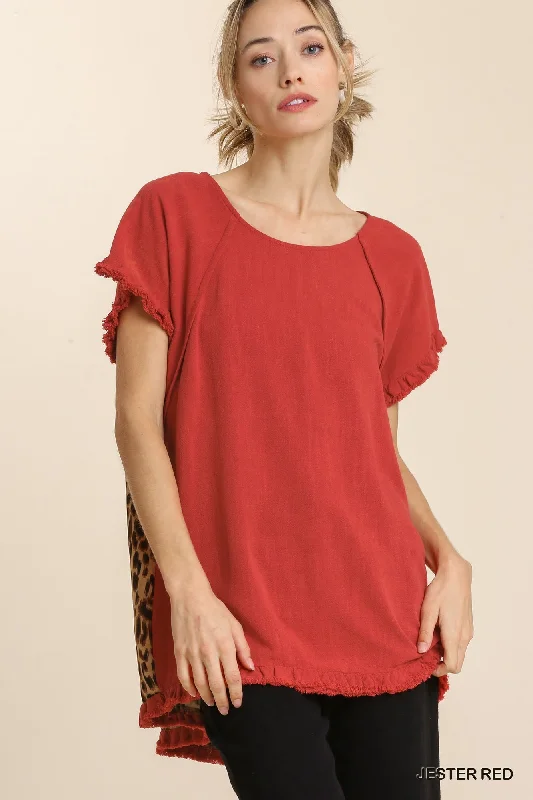 UMGEE Linen Blend Leopard Top Red