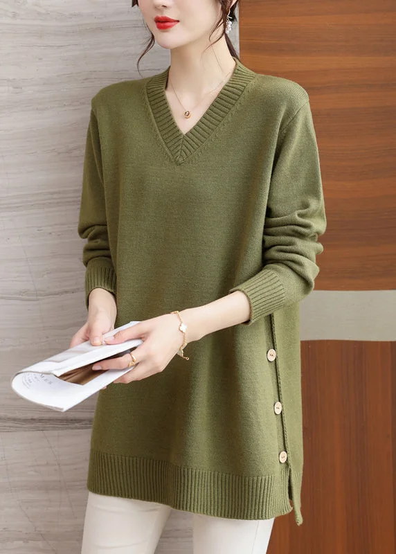 Final Clearance Italian Green V Neck Button Patchwork Woolen Sweaters Winter