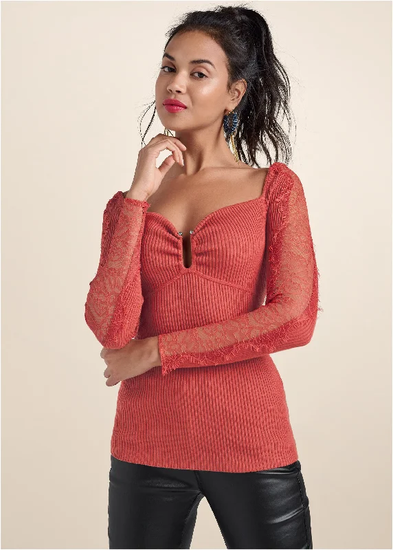 Value Deals Lace Sleeve Ribbed Sweater - Baked Apple