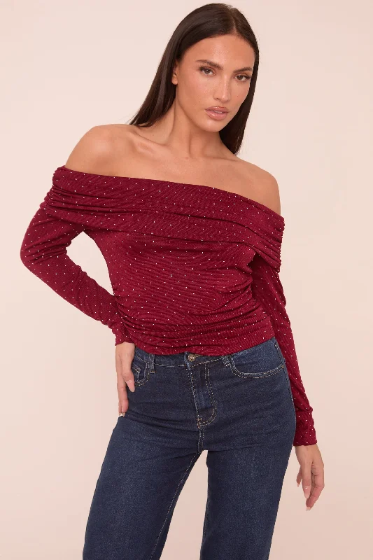 Burgundy Bardot Long Sleeves Cropped Top - Natalia