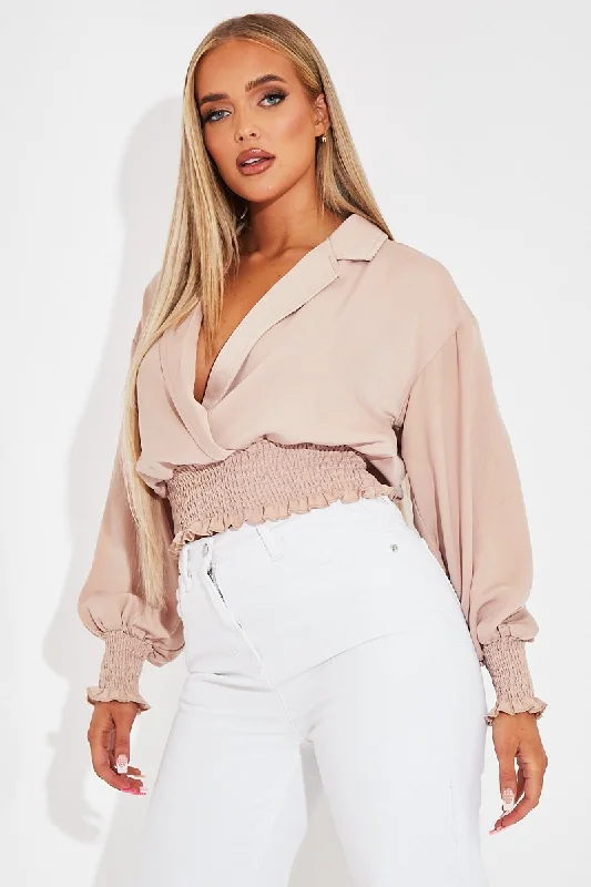 Nude Plunge Shirred Waist Top - Ciera