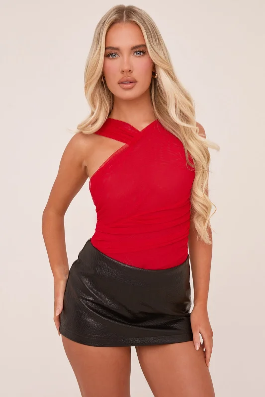 Red Mesh Asymmetric Strap Bodysuit - Blessing