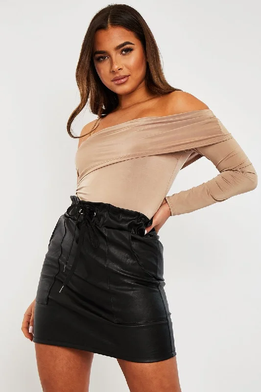 Beige One Sleeve Bardot Top - Kaely