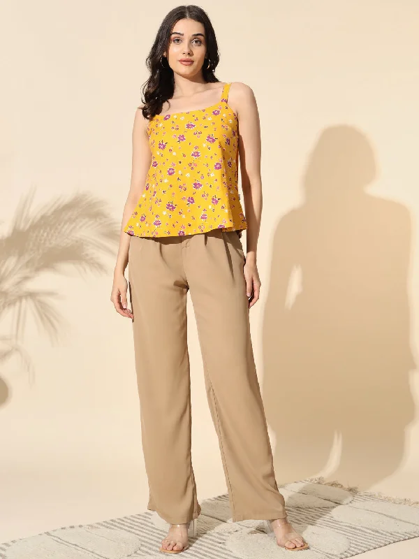 Yellow Printed Viscose Twill Strap Top- #TP002-Yellow