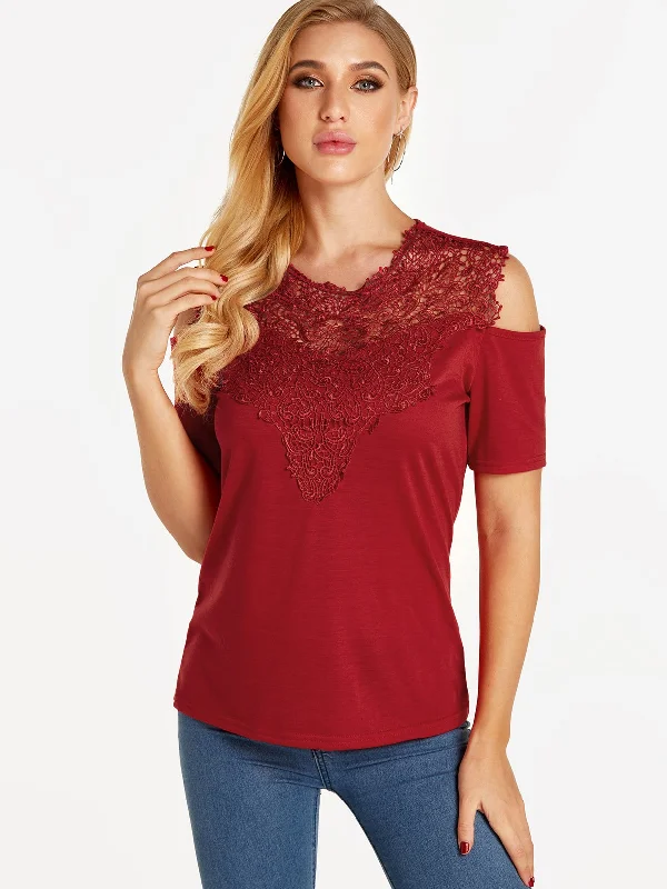 Custom Crew Neck Cold Shoulder Plain Lace Cut Out Short Sleeve Red T-Shirts