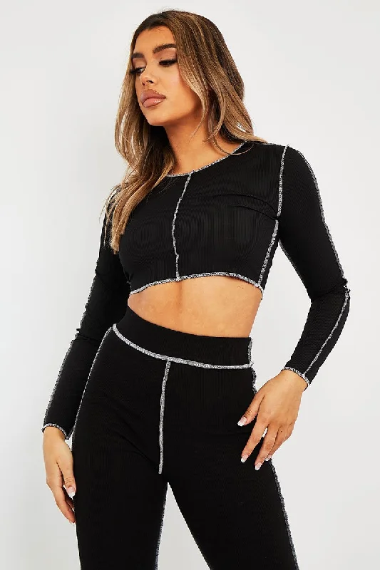 Black White Contrast Stitch Ribbed Crop Top - Candice