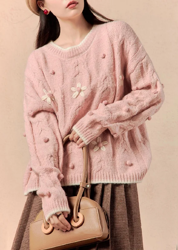 Flash Sale Elegant Pink Cozy Solid Cotton Knit Sweaters O Neck Spring